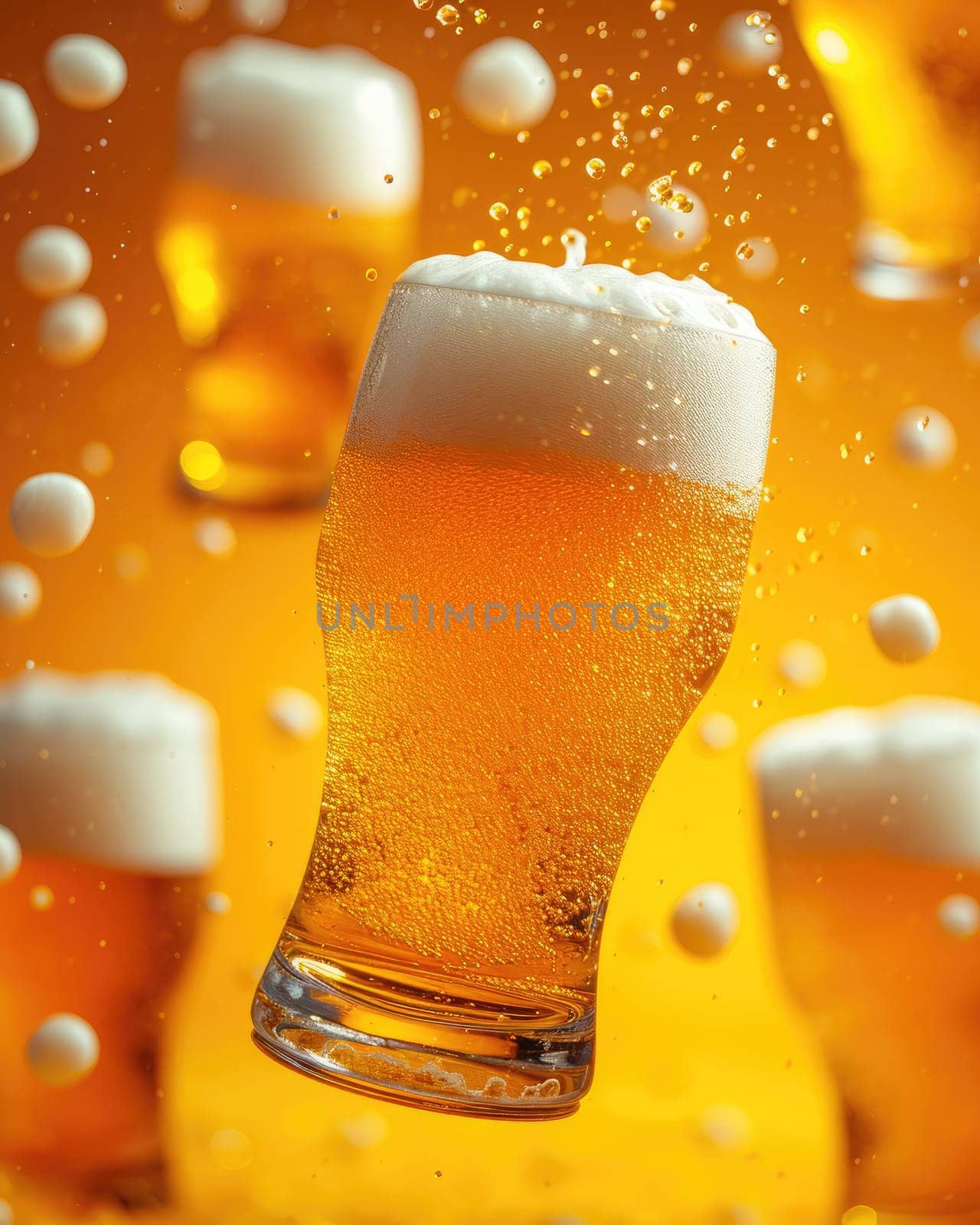 Floating glasses of beer bring lightness and joy to a bright yellow background