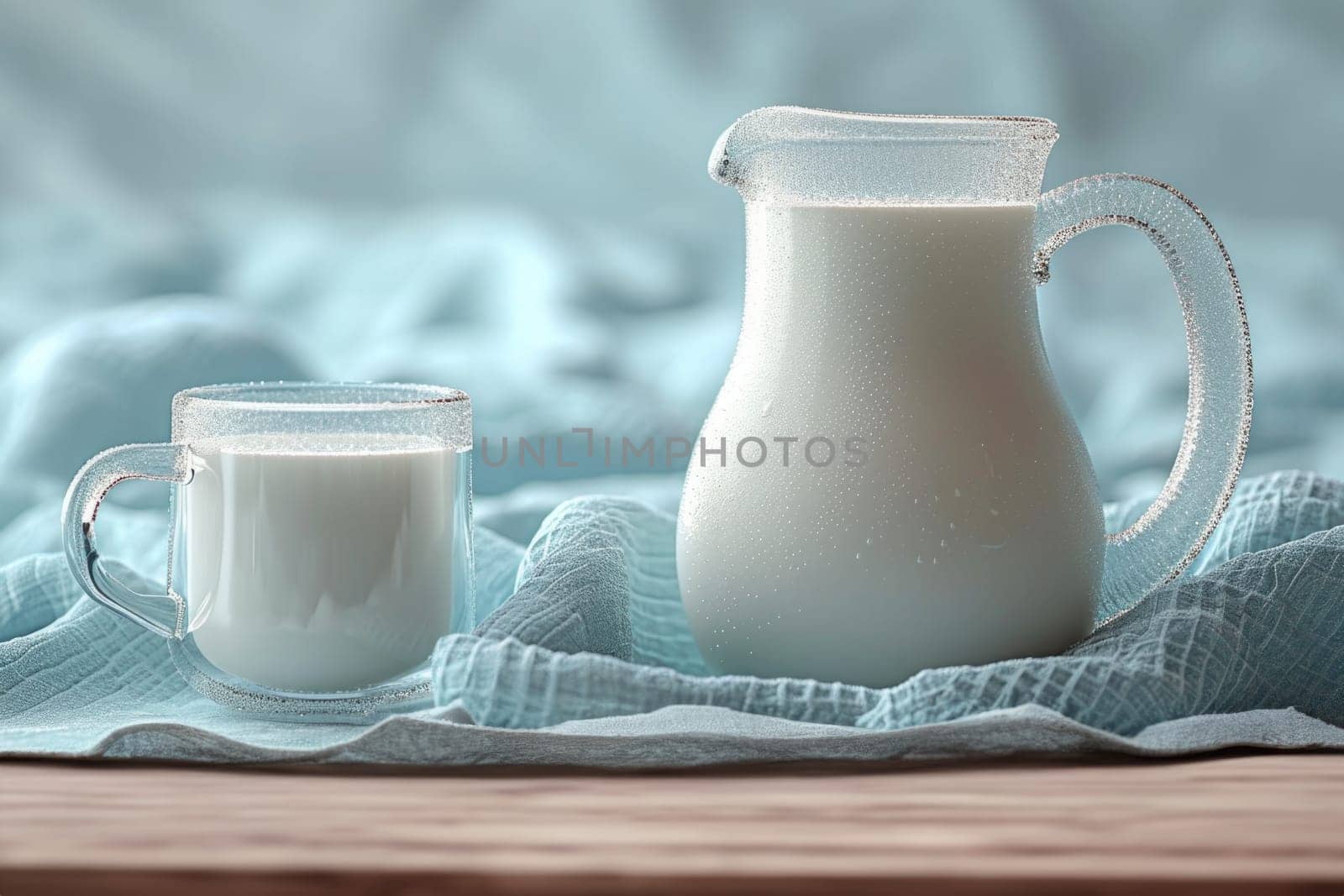 Aesthetic still life of a decanter and a mug of milk on a blue background.