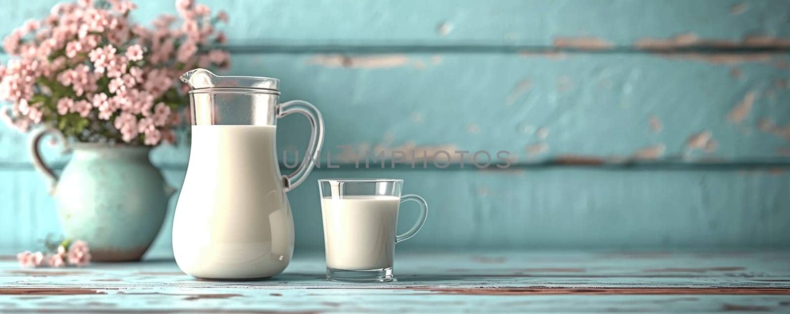 Full carafe and mug of milk on blue cloth by Yurich32