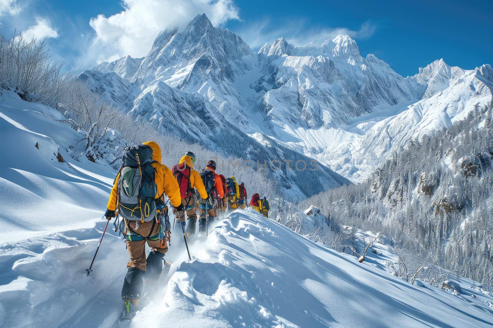Winter climbers in the mountains with backpacks and equipment