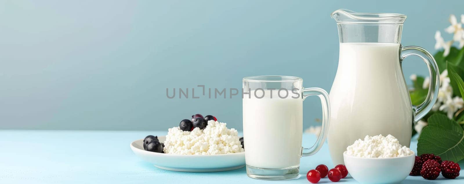Juicy breakfast on a blue background with a jug of milk, cottage cheese and fresh berries