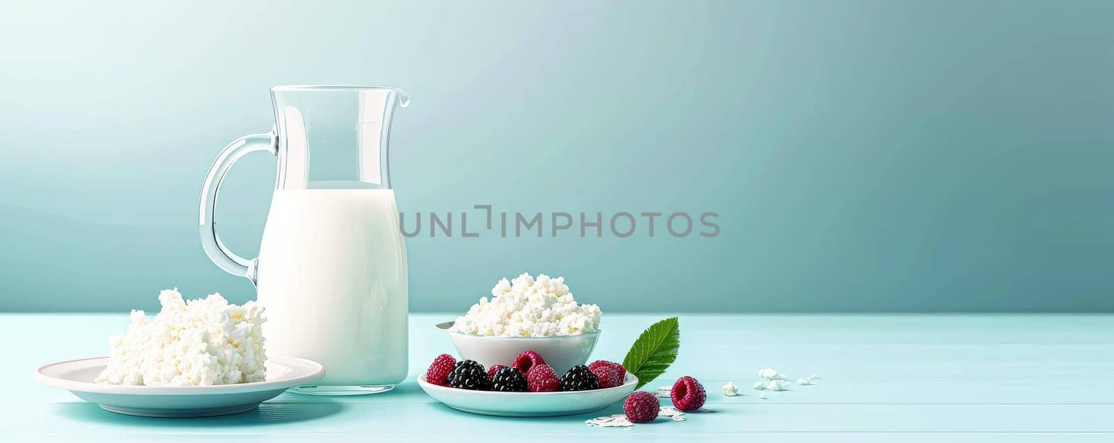 Juicy breakfast on a blue background with a jug of milk, cottage cheese and fresh berries