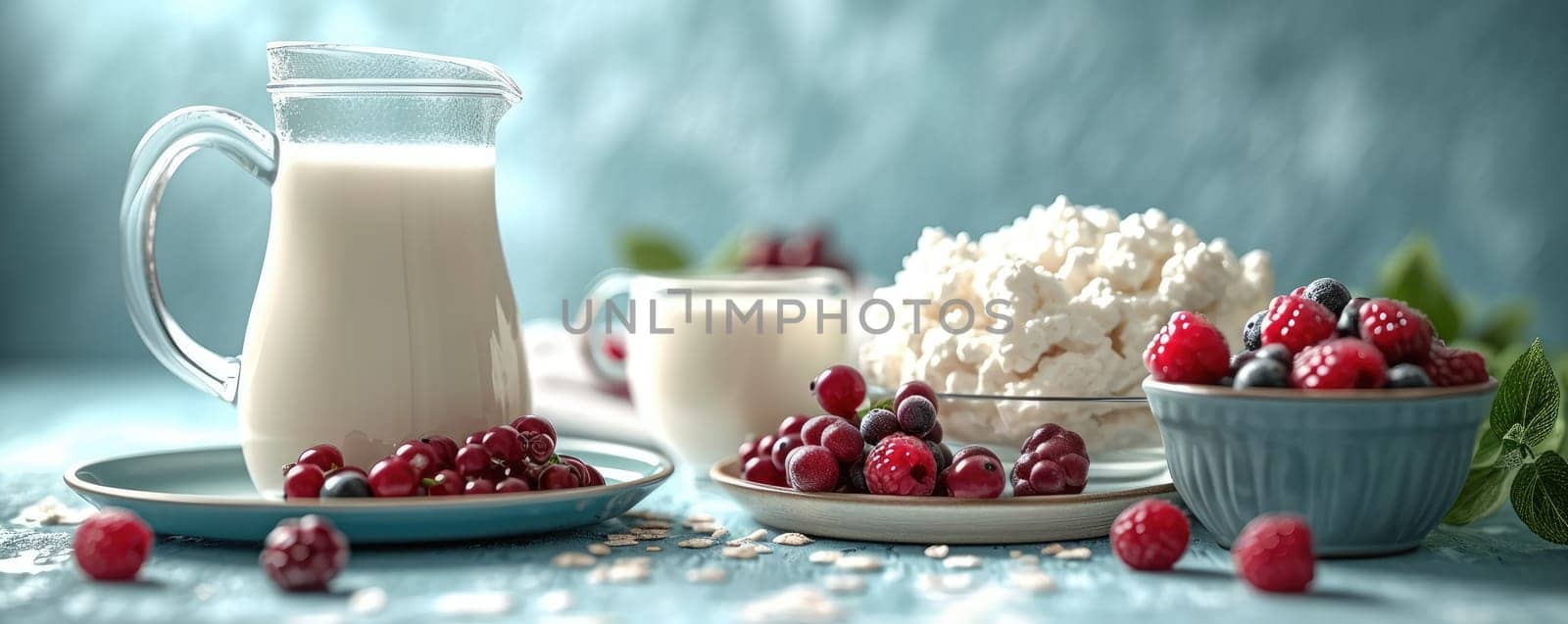 Hearty breakfast: jug of milk, cottage cheese and fresh berries on a blue background