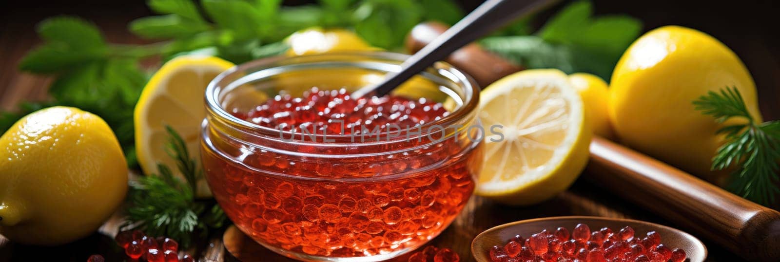 A juicy combination of red caviar and fresh lemon on a stylish banner.