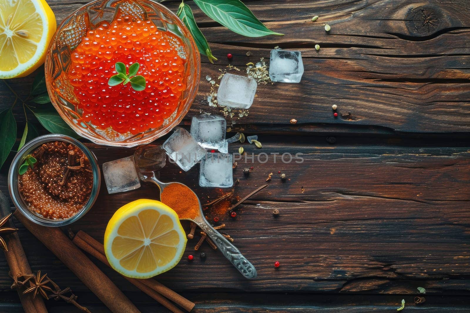 Red caviar, spices and lemon on wooden background. Top view. Space for text by Yurich32