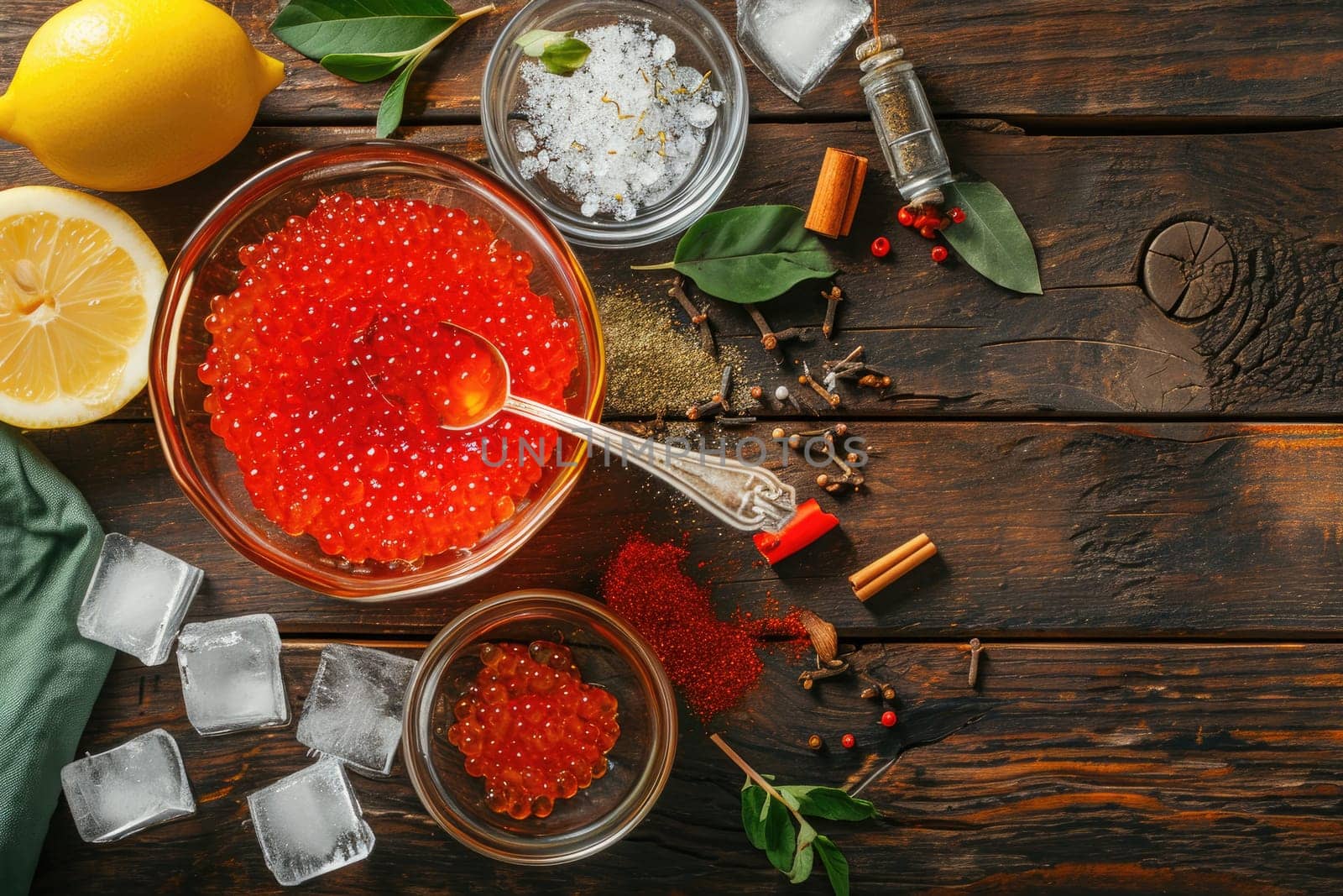 Exquisite red caviar with aromatic spices and fresh lemon on a warm wooden background