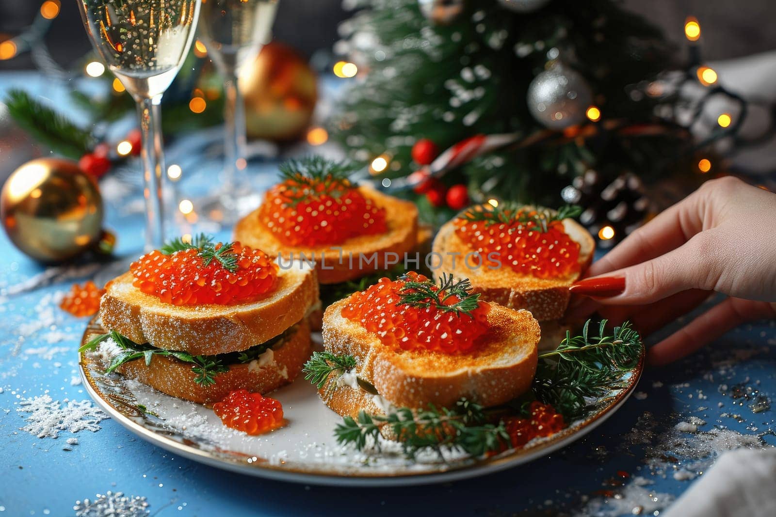 Female hand raising luxury sandwich with red caviar in light of festive atmosphere by Yurich32