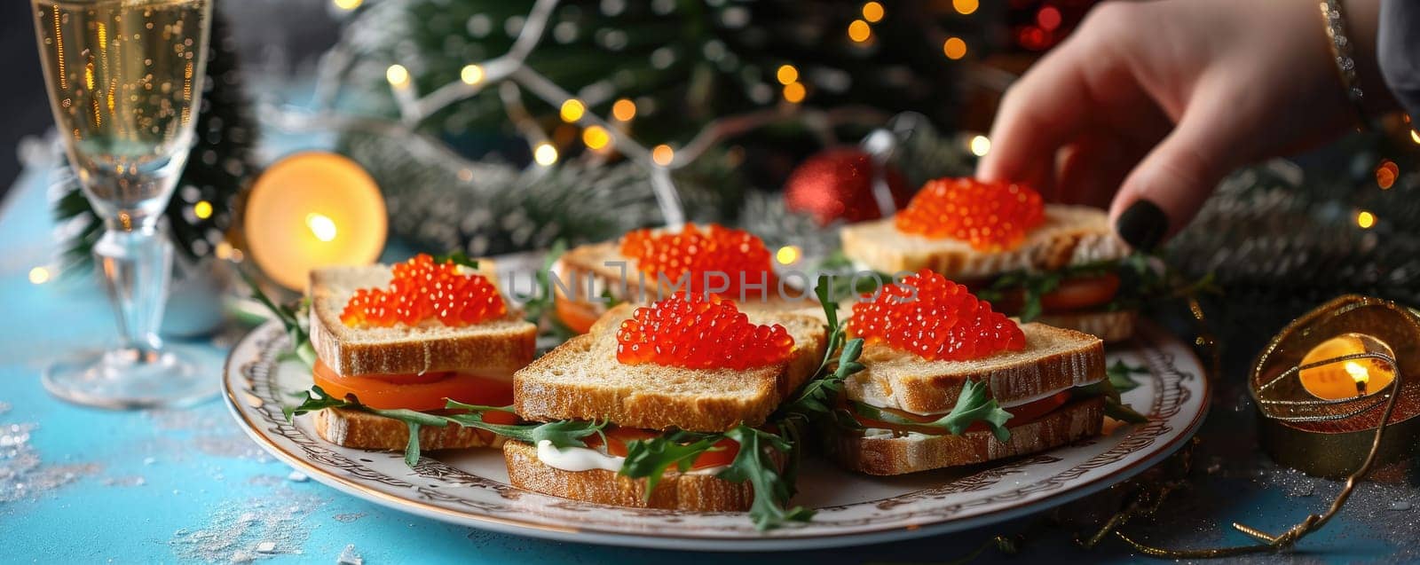 Sandwich with red caviar in a woman's hand on a festive background by Yurich32