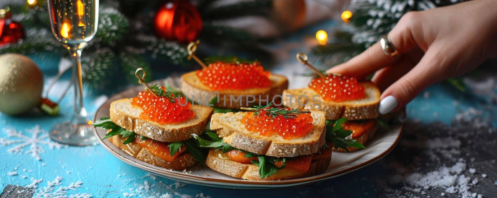 Luxury sandwich with red caviar presented in the hand of a lady on the background of a festive atmosphere