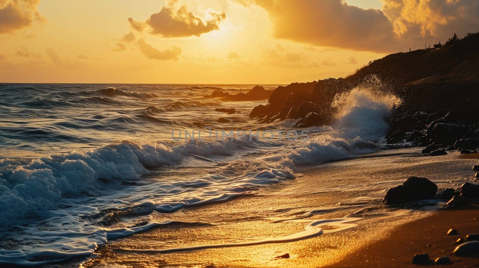 Foam-covered sea waves create a mesmerizing view near the shore at sunset