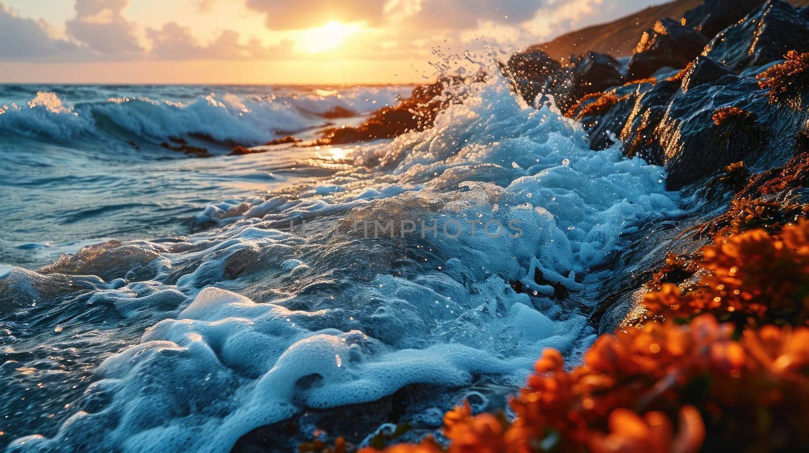 Foamy waves against the background of the sunset create a magical sight by the seashore