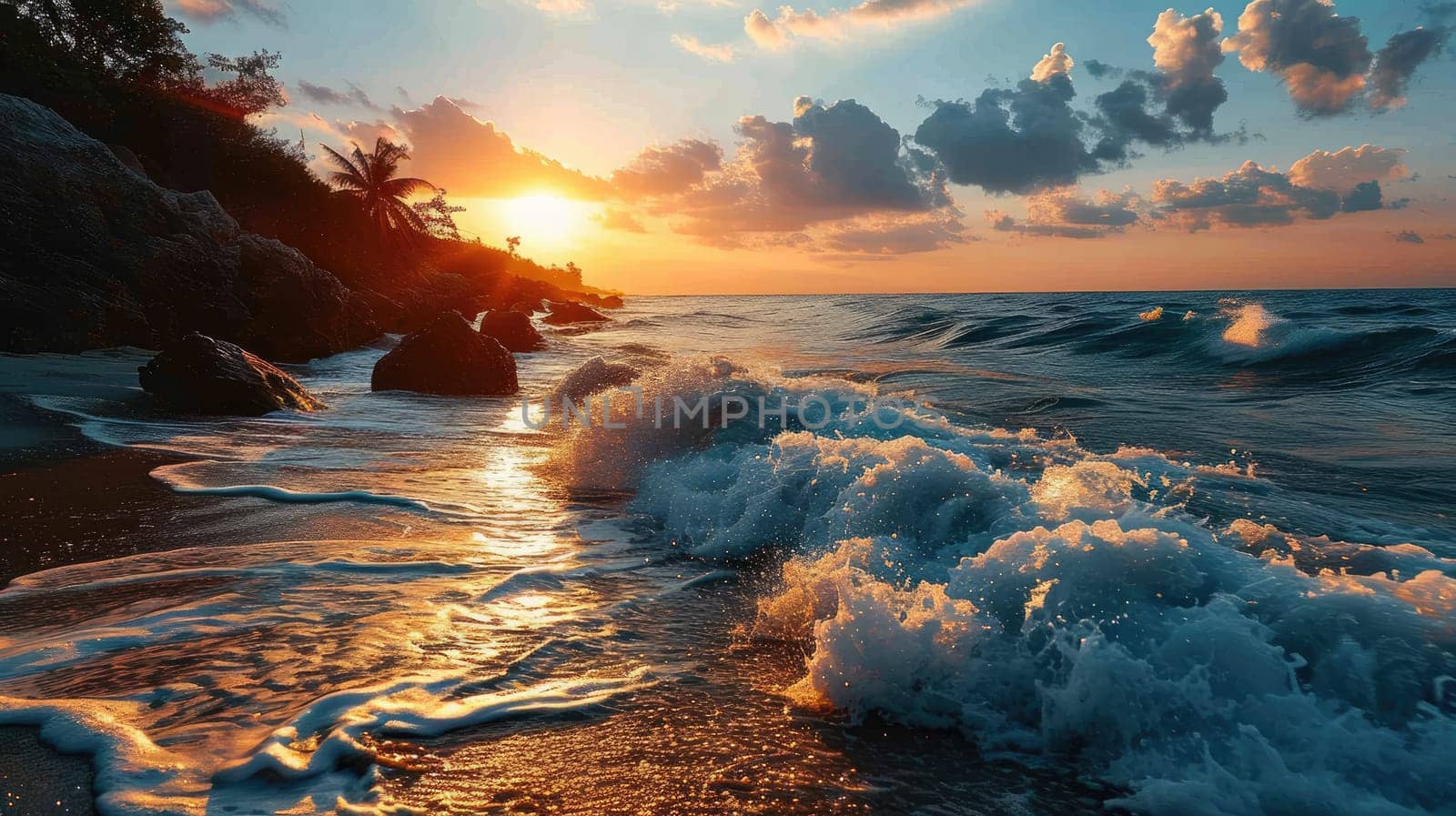 Foamy waves against the background of the sunset create a magical sight by the seashore