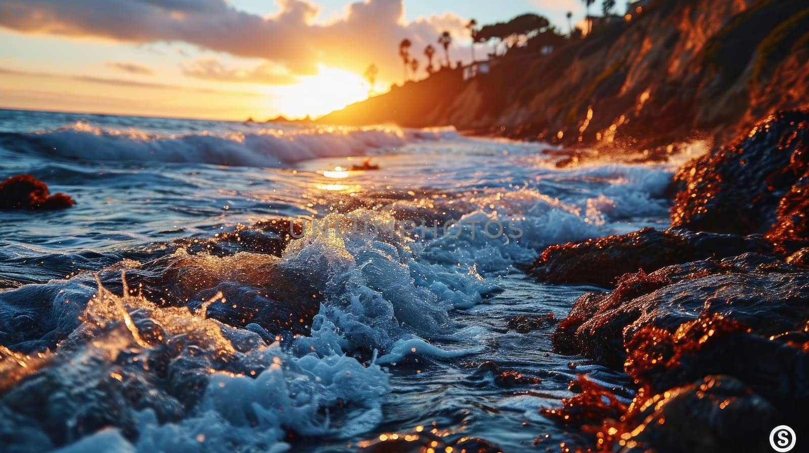 Foamy waves against the background of the sunset create a magical sight by the seashore