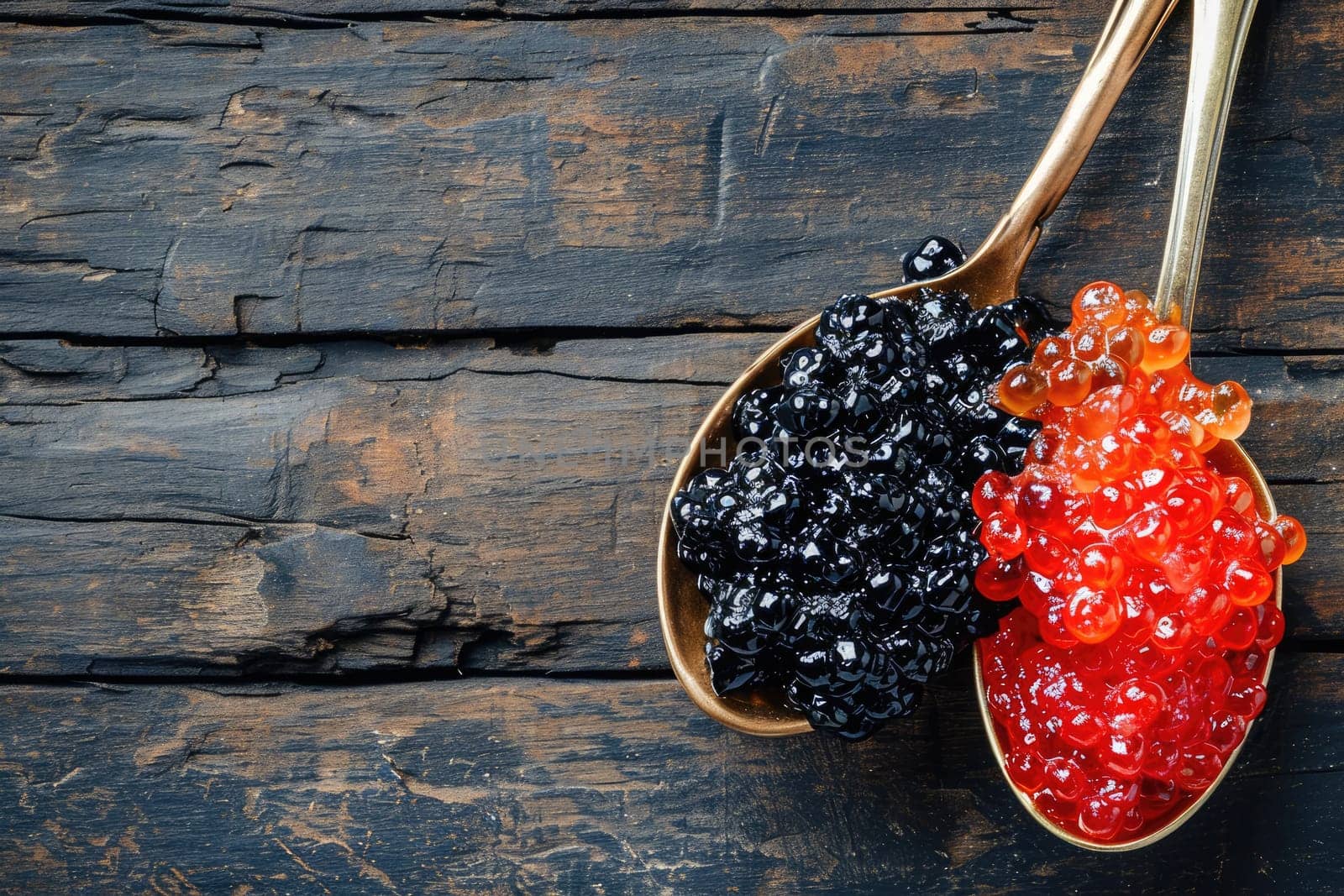 A spoon with red and black caviar shows its beauty on a natural wooden background