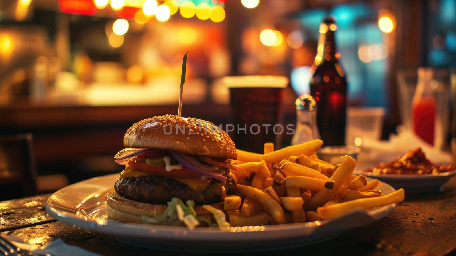 Mouth-watering hamburger with fries on a wooden table in a cozy evening cafe by Yurich32