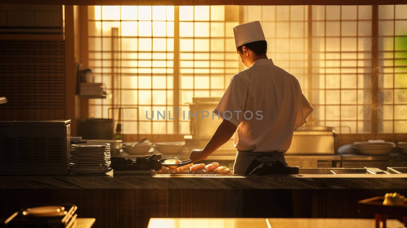 Back view of chef at work in kitchen. This shot captures the atmosphere of creativity and professionalism in the culinary world.