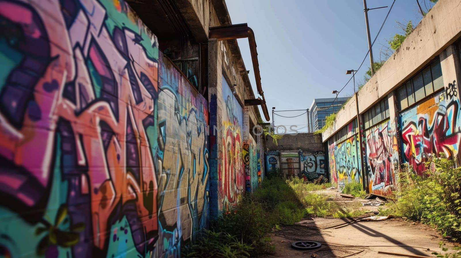 Photos of bright graffiti on the walls of small streets, reflecting urban culture and adding creative design to urban spaces.