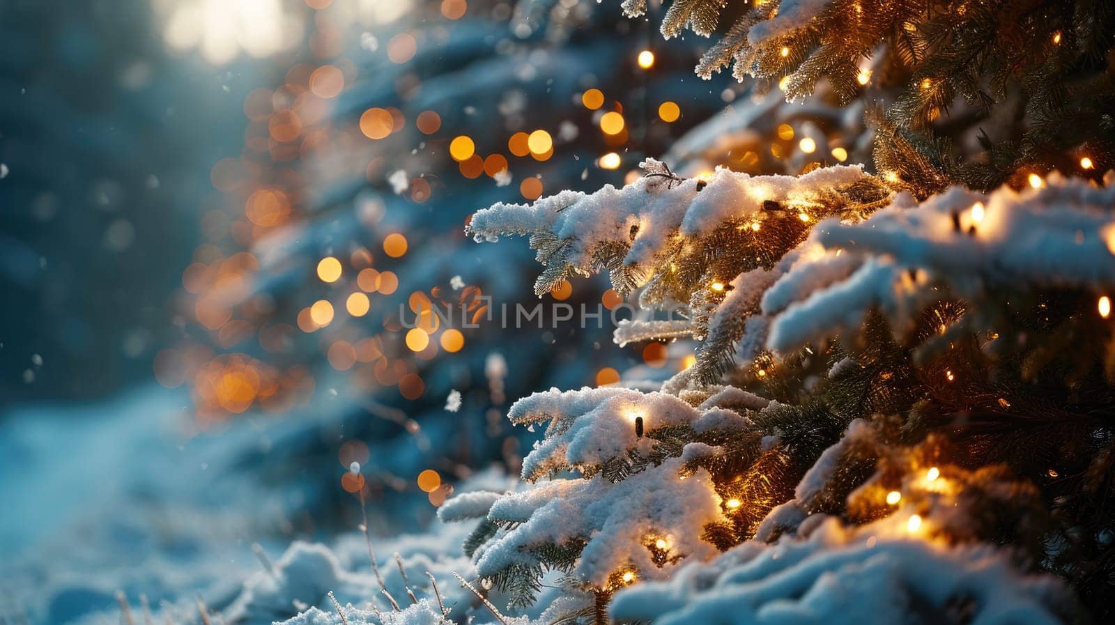 Photo of snow-covered Christmas trees with garlands, among the white snow, creating an amazing magic of the winter forest and a festive atmosphere.