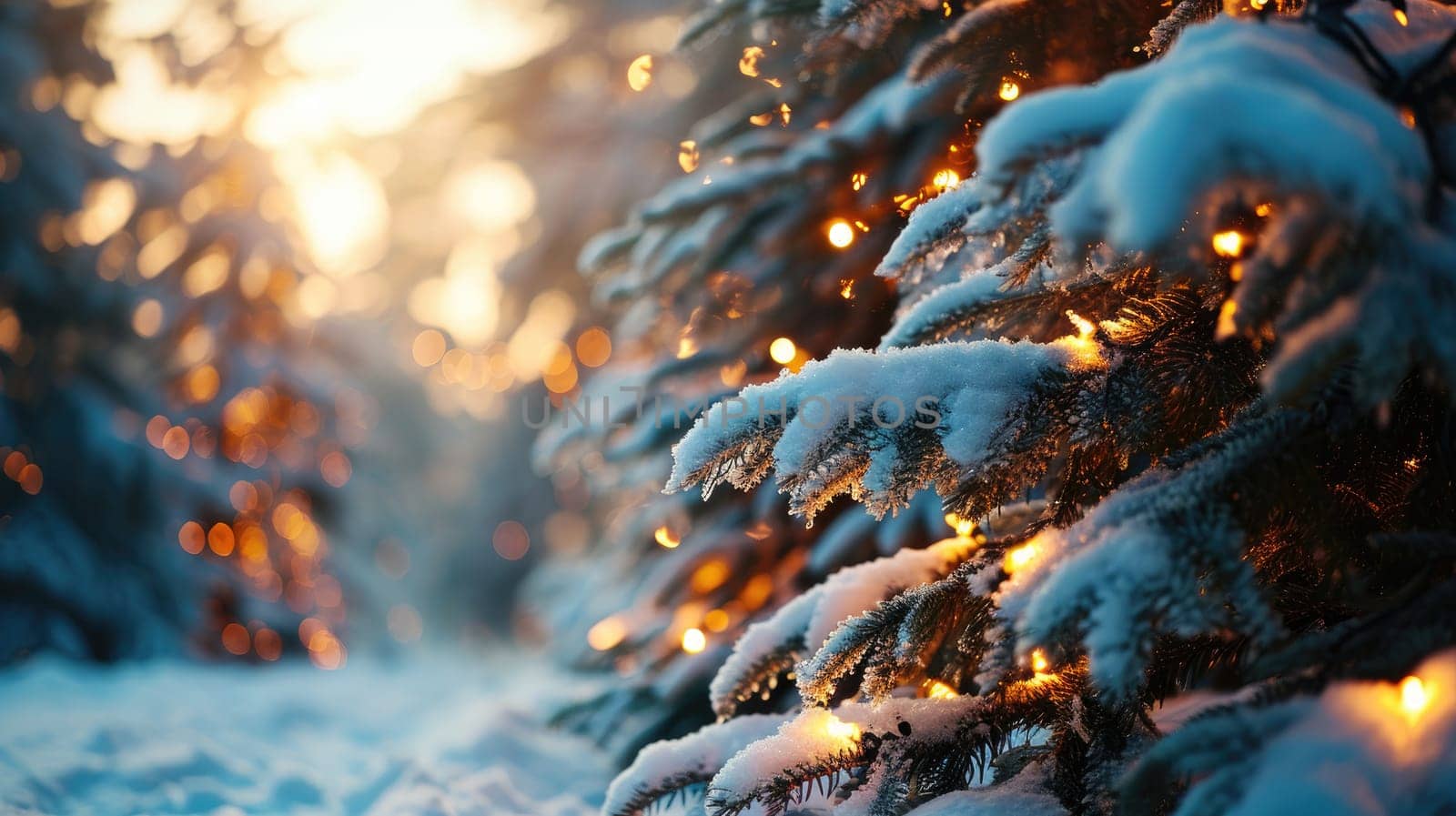 Photo of snow-covered Christmas trees with garlands in the snow, creating the magic of winter nature and festive lights in a snowy atmosphere.