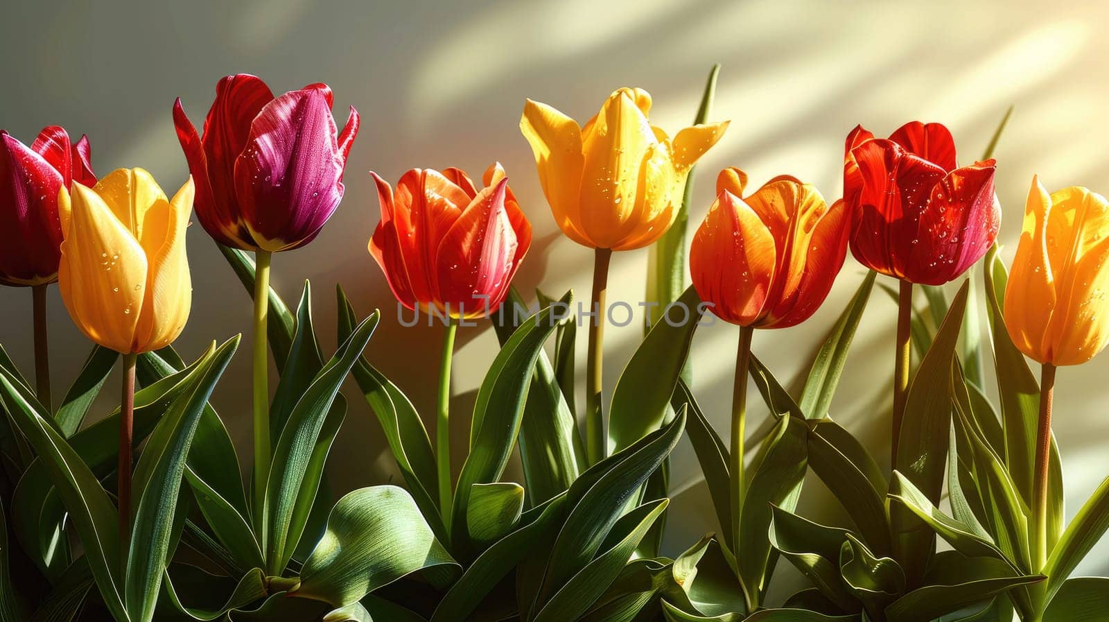 Colorful tulips create rainbow inspiration against a light background of spring tenderness by Yurich32