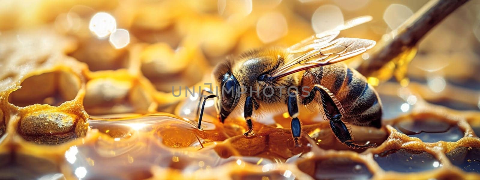 Honey bee sitting on hexagon patterned honeycomb. selective focus. Generative AI, by mila1784