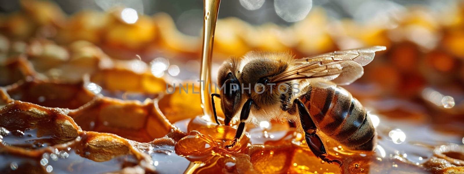 Honey bee sitting on hexagon patterned honeycomb. selective focus. Generative AI, by mila1784