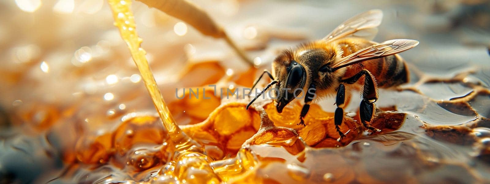 Honey bee sitting on hexagon patterned honeycomb. selective focus. Generative AI, by mila1784