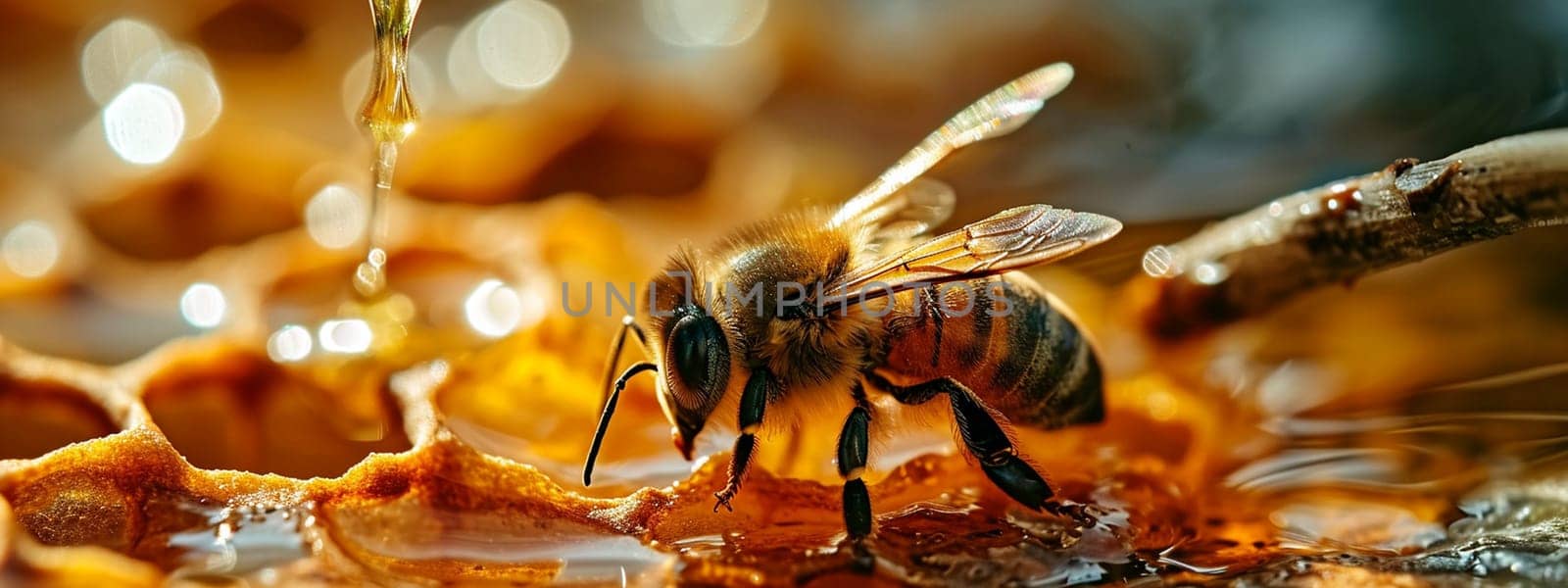 Honey bee sitting on hexagon patterned honeycomb. selective focus. Generative AI, by mila1784