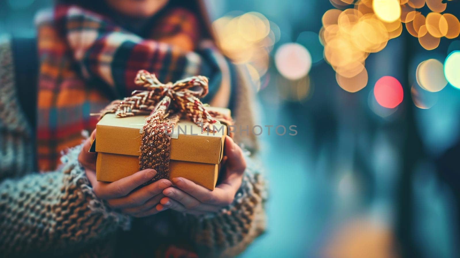 Girl holding a box with a gift in her hands. selective focus. Generative AI, by mila1784