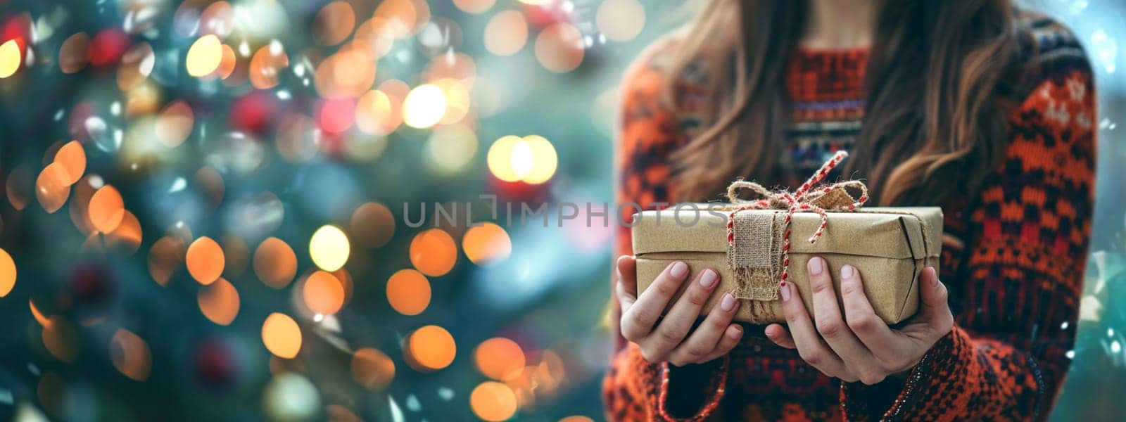 Girl holding a box with a gift in her hands. selective focus. Generative AI, by mila1784