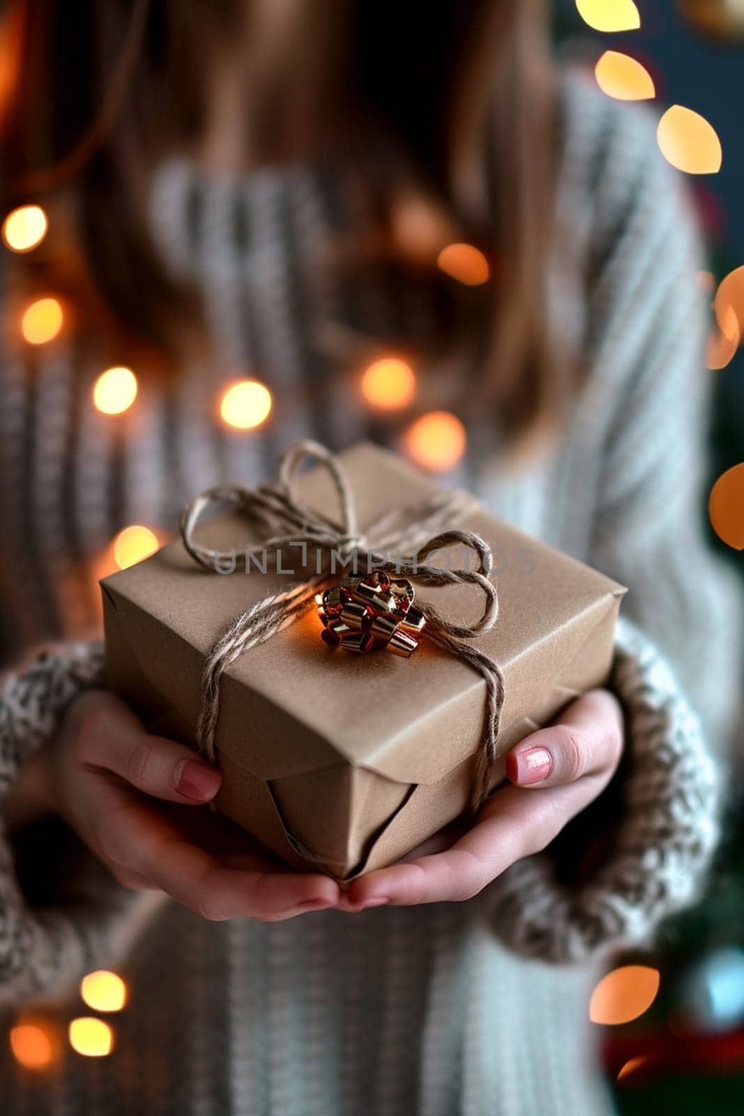 Girl holding a box with a gift in her hands. selective focus. holiday Generative AI,