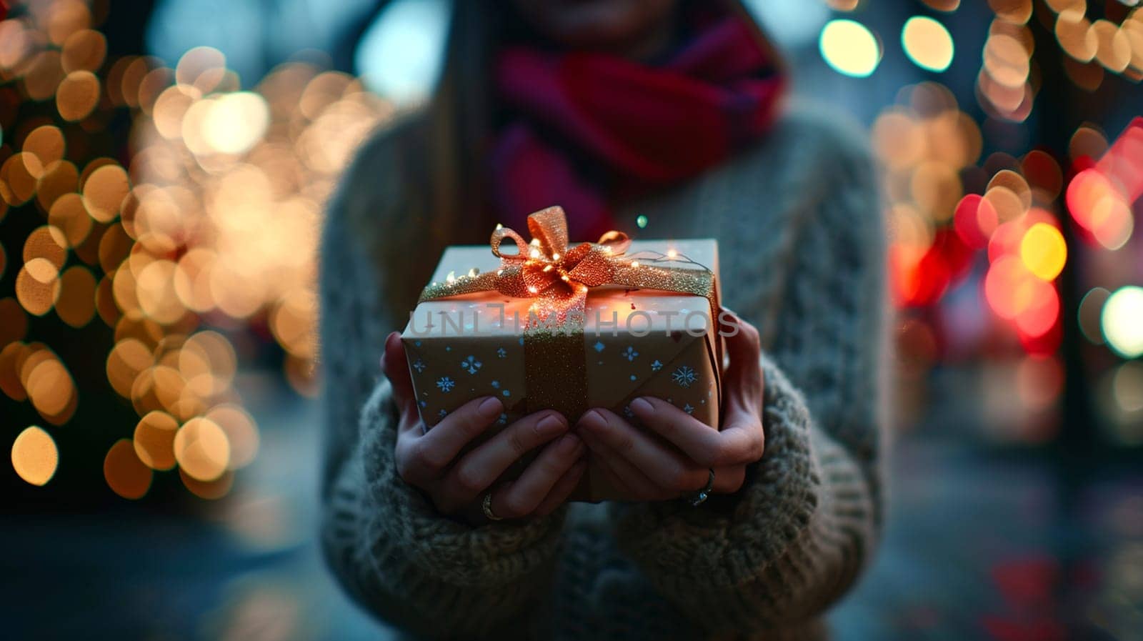 Girl holding a box with a gift in her hands. selective focus. Generative AI, by mila1784