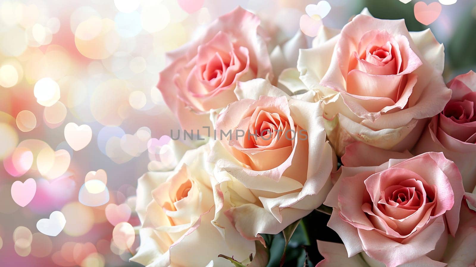Valentine card with roses in pastel colors with bokeh and hearts. selective focus. Holiday Generative AI,