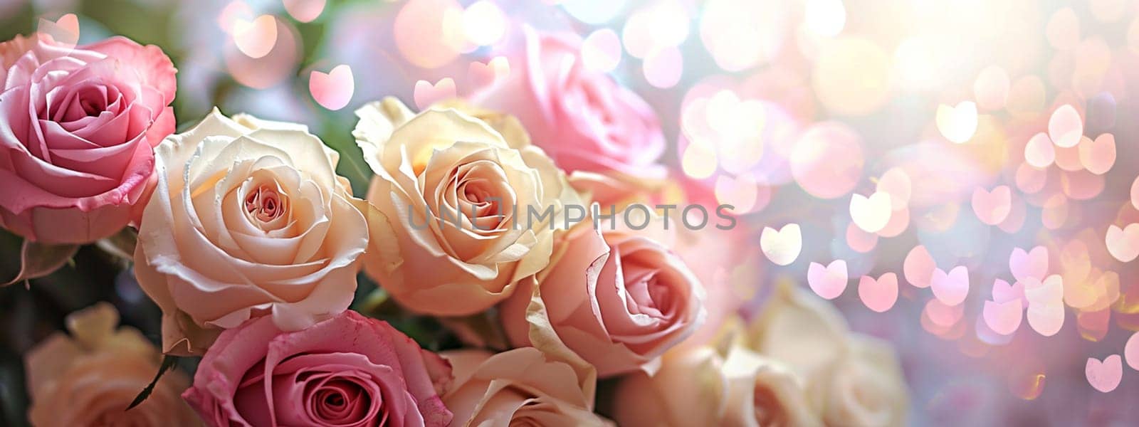 Valentine card with roses in pastel colors with bokeh and hearts. selective focus. Holiday Generative AI,