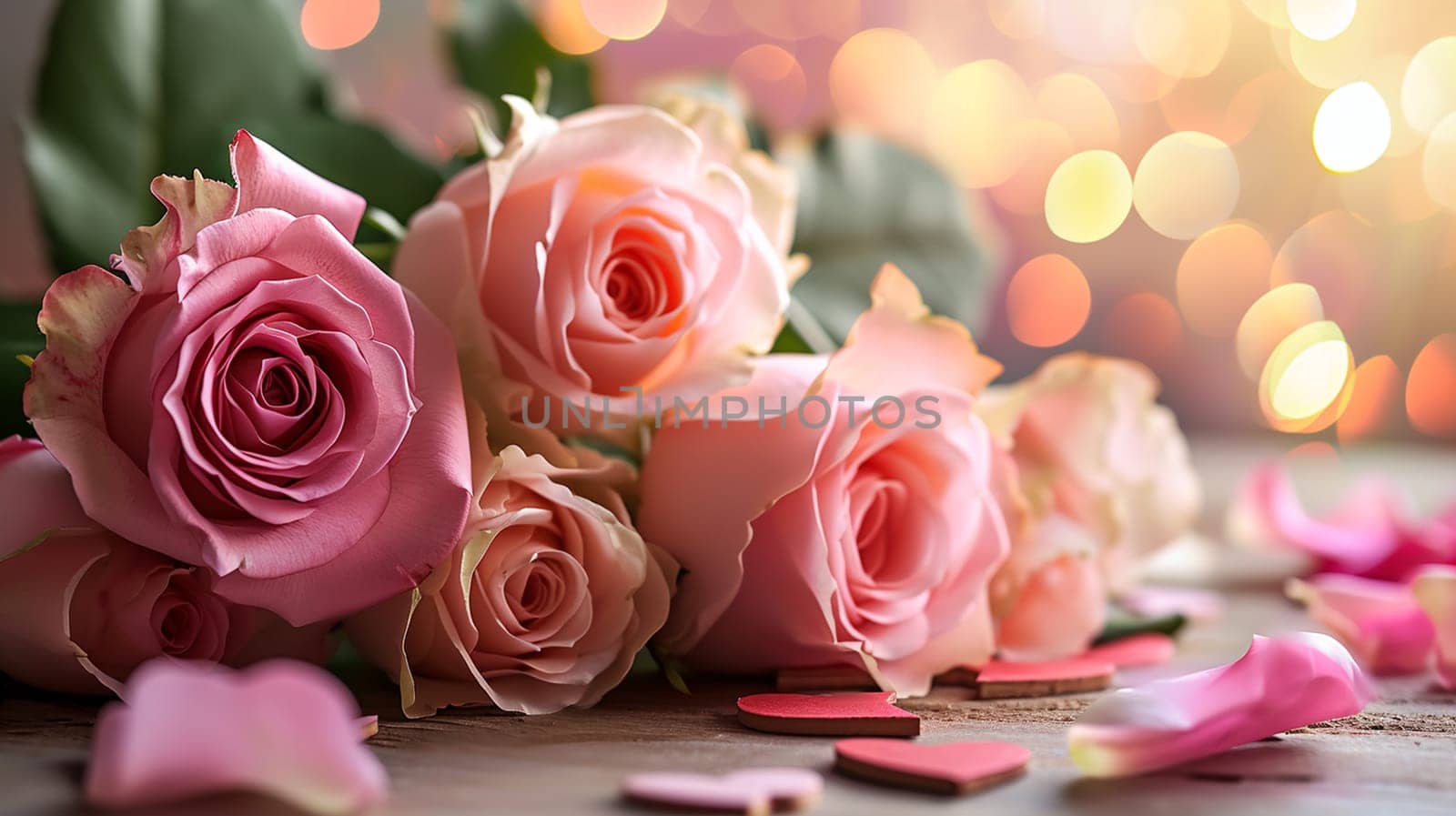 Valentine card with roses in pastel colors with bokeh and hearts. selective focus. Generative AI, by mila1784