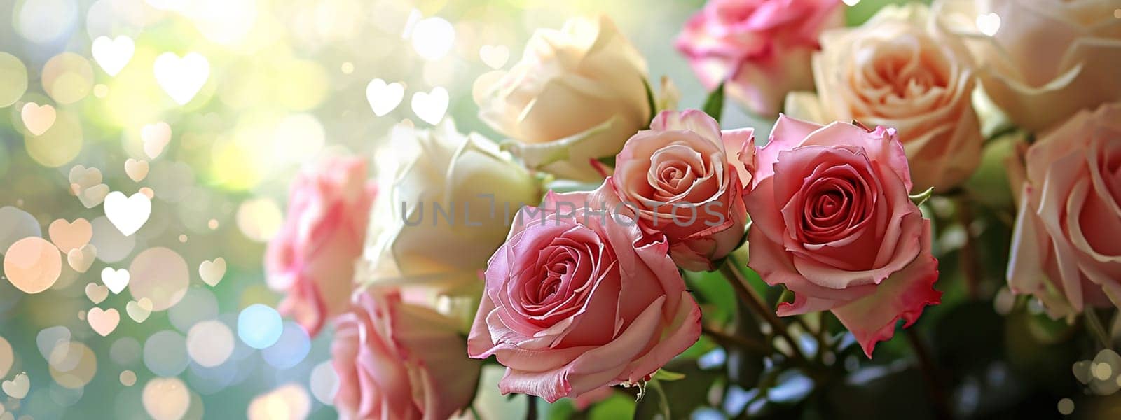 Valentine card with roses in pastel colors with bokeh and hearts. selective focus. Holiday Generative AI,