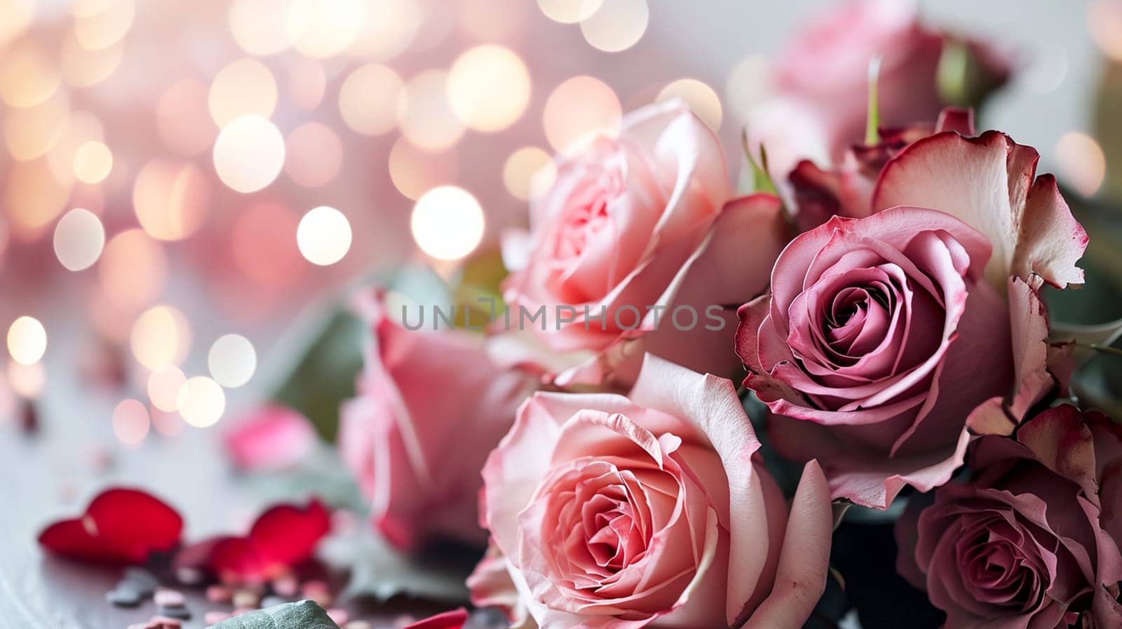 Valentine card with roses in pastel colors with bokeh and hearts. selective focus. Generative AI, by mila1784