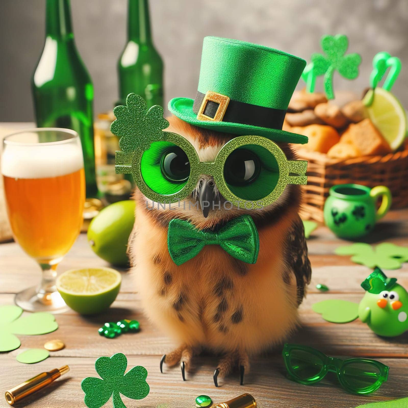 Funny owl for St. Patrick's Day. Generative AI. High quality illustration