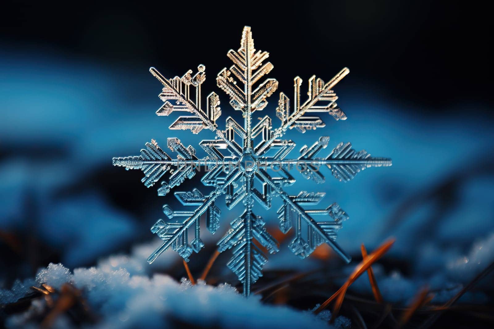 Beautiful crystal snowflake on the snow. Winter background. Generated by artificial intelligence by Vovmar