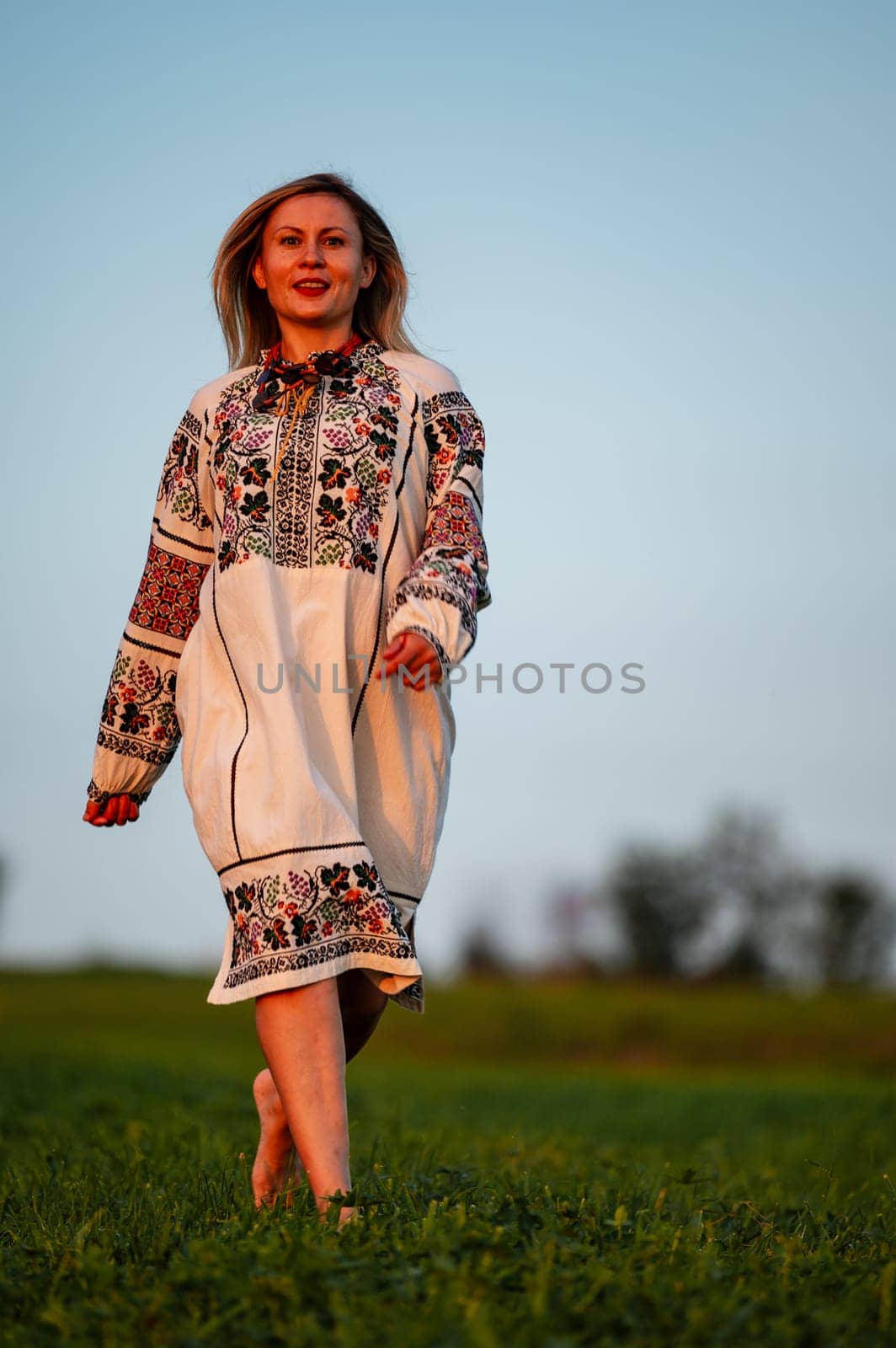 Embroidered and unique petticoat, a girl walks barefoot in the field in an embroidered shirt. by Niko_Cingaryuk