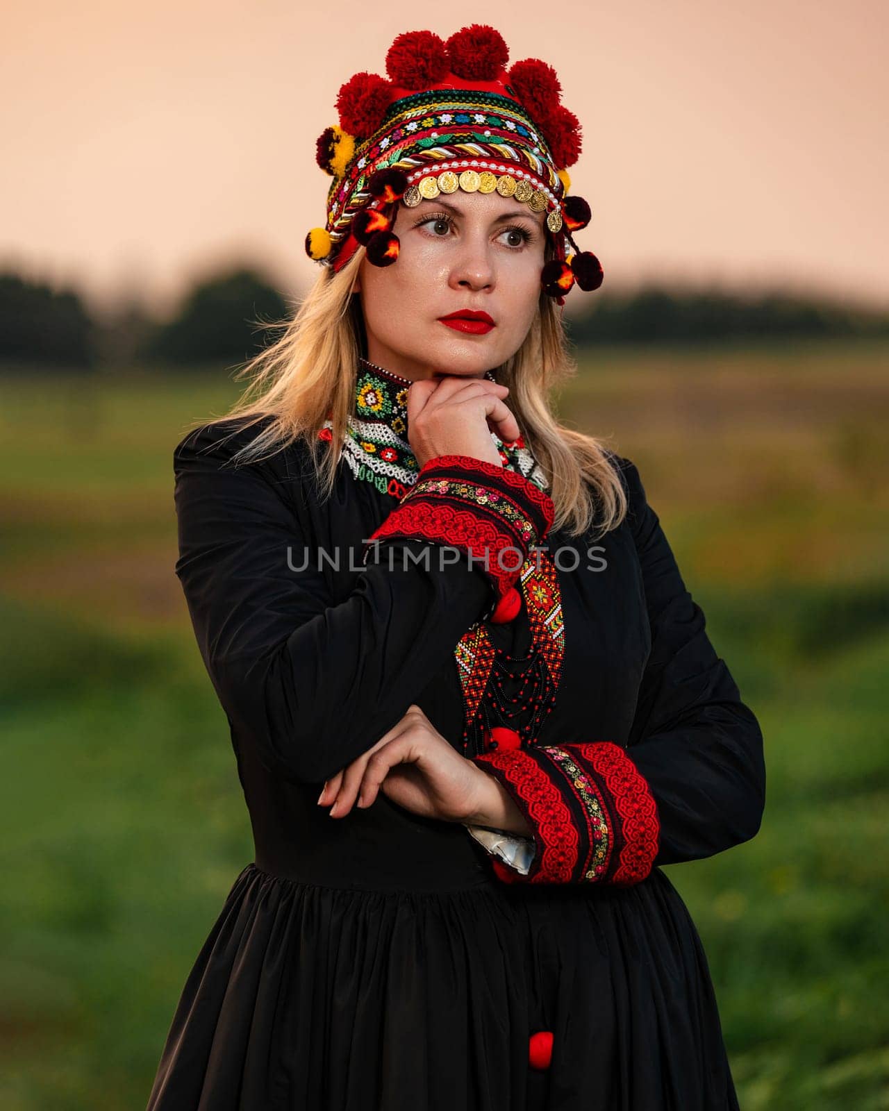 A girl in a chelsea headdress and a black dress decorated with red embroidery on the background of a field and sky, Ukrainian traditional and national clothing.