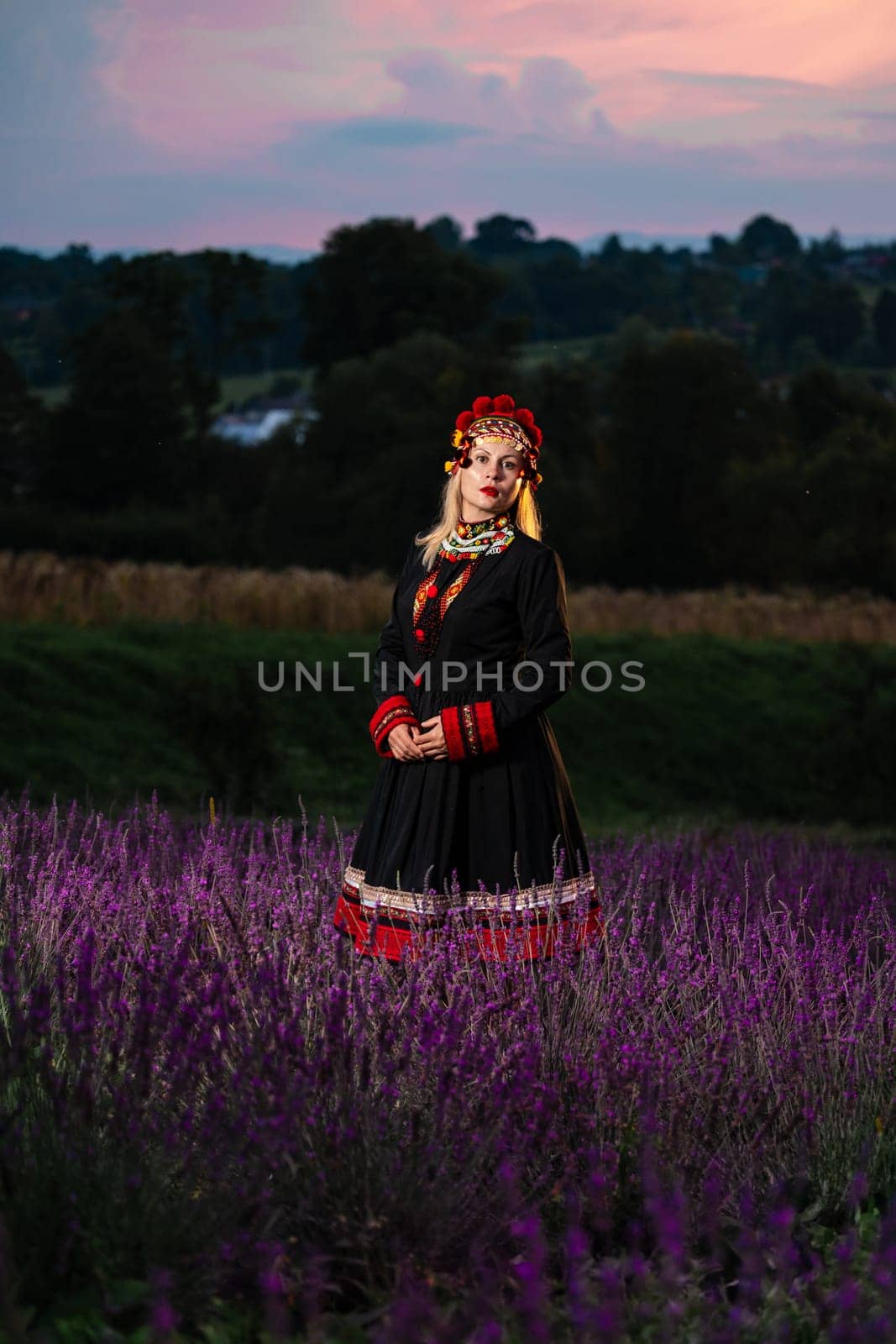 The girl is wearing a chelsea headdress and a black dress decorated with red embroidery by Niko_Cingaryuk