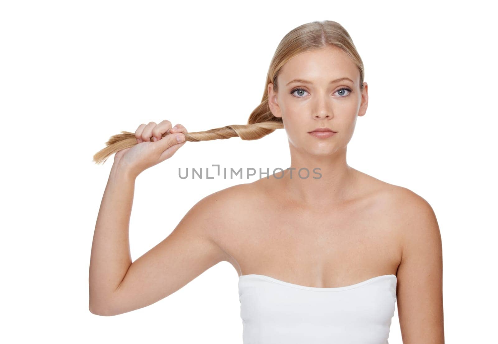 Woman, portrait and cosmetics with hair care in studio for beauty, keratin treatment and shampoo shine. Model, person and mock up space for skincare, collagen texture or hairstyle on white background.