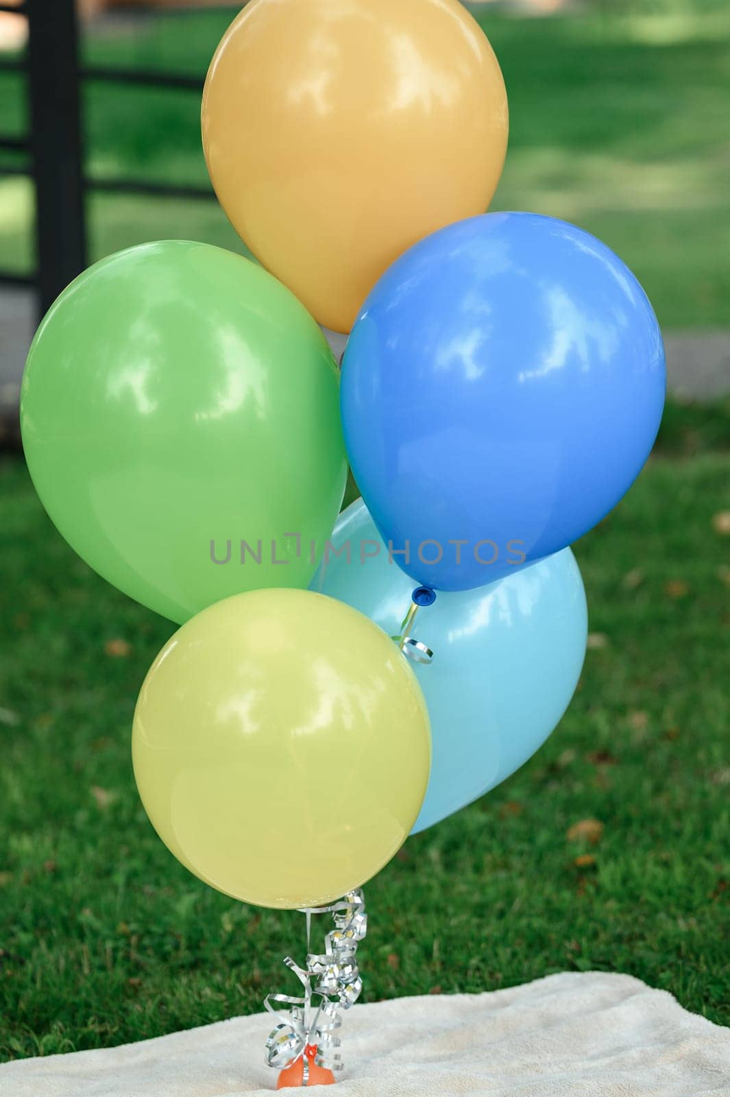 Colored balloons with helium on the background of green grass by Niko_Cingaryuk