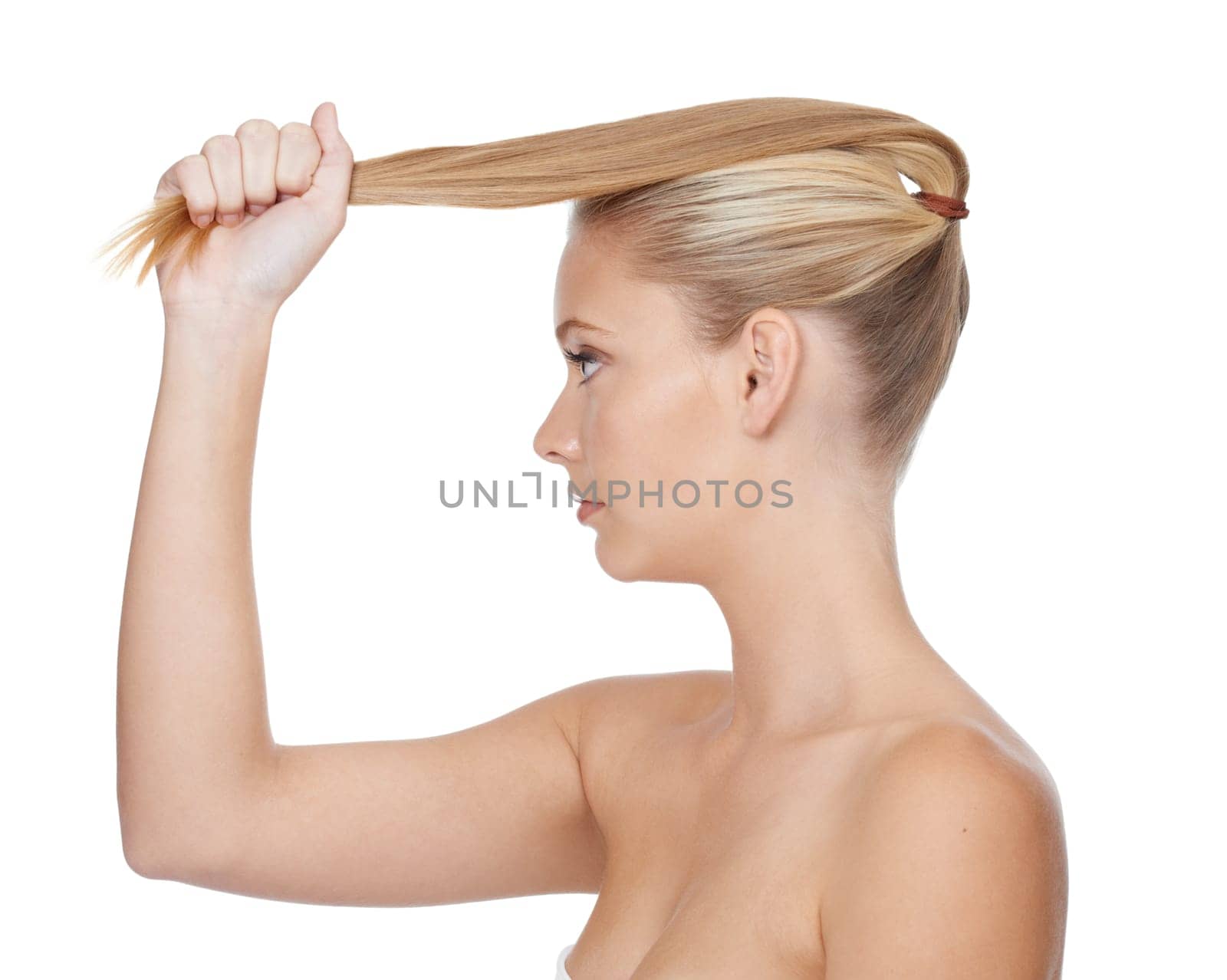 Beauty, woman and cosmetics in studio for hair care with keratin treatment, shampoo shine and mock up. Model, person and soft hairstyle, texture and cosmetology at hairdresser on white background.