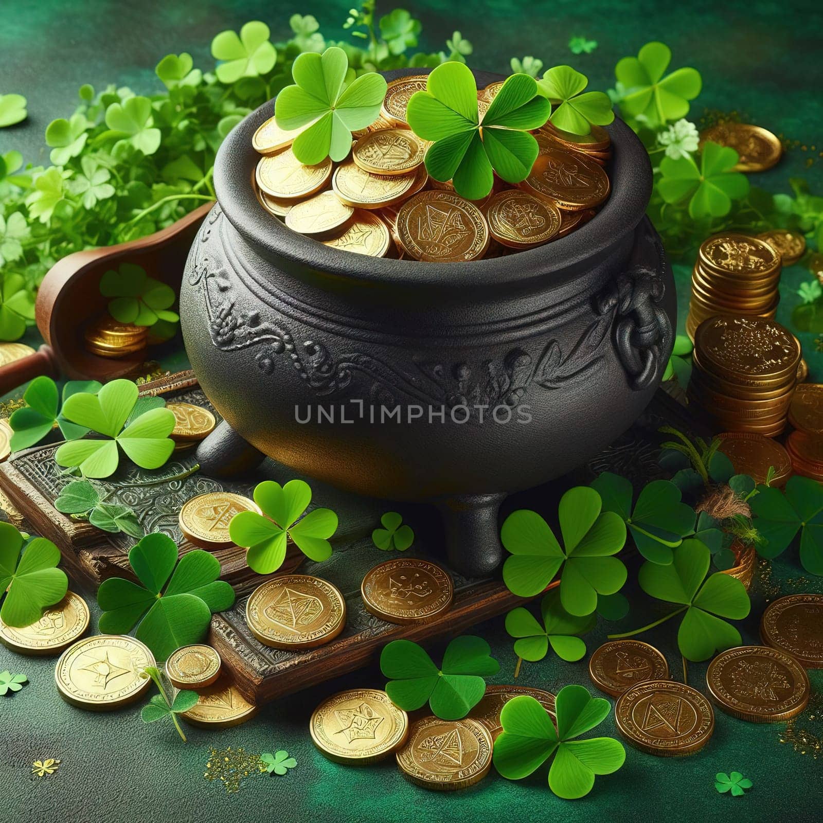 Cauldron with coins for St. Patrick's Day. Generative AI. High quality illustration