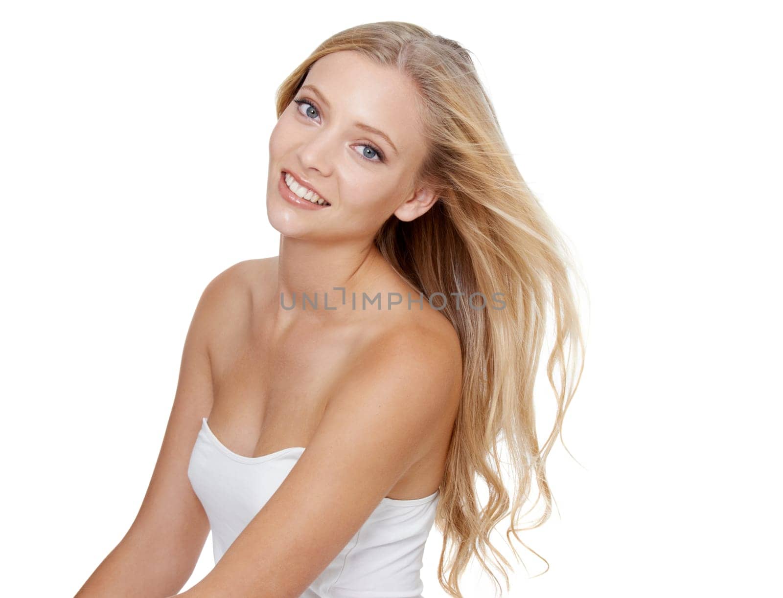 Woman, portrait and beauty with cosmetics in studio for hair care, keratin treatment and shampoo shine. Model, person and happiness with skincare, collagen texture and hairstyle on white background by YuriArcurs