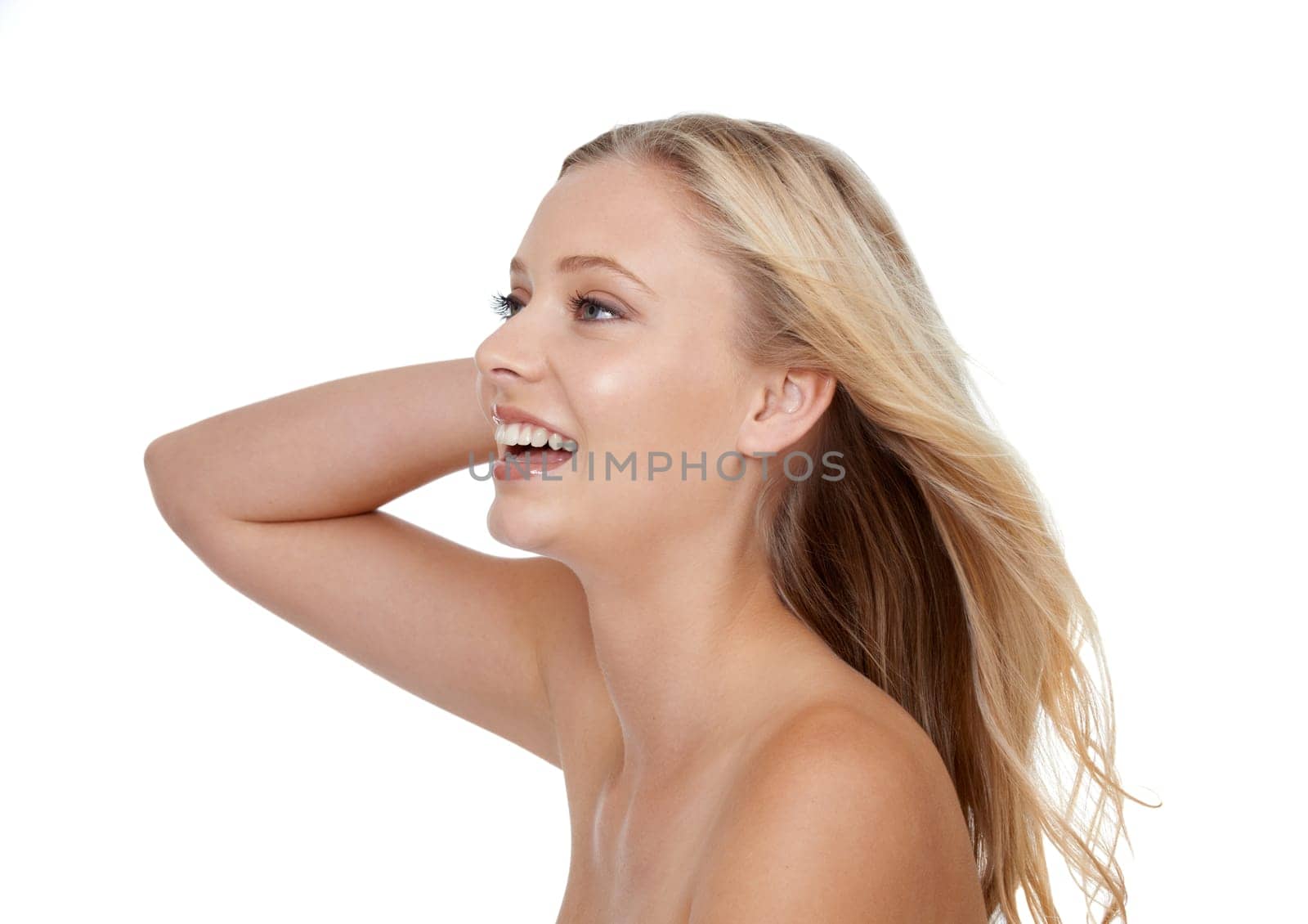 Beauty, woman and cosmetics in studio for hair care with keratin treatment, shampoo shine and mock up. Model, laughing and soft hairstyle, texture and cosmetology at hairdresser on white background.