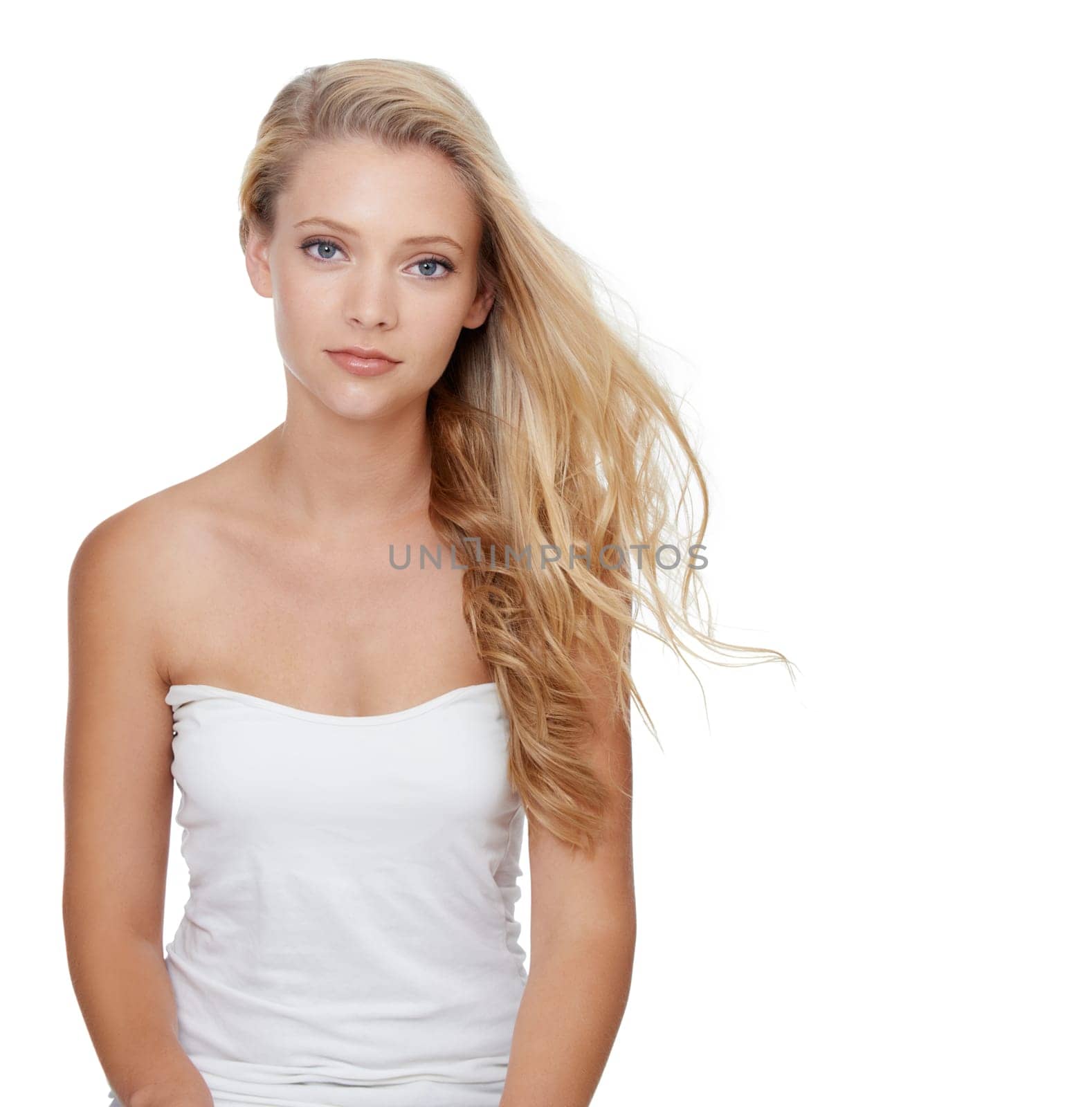 Woman, mockup and hair care with cosmetics in studio for beauty, keratin treatment and shampoo shine. Model, person and confidence with skincare, collagen texture and hairstyle on white background.