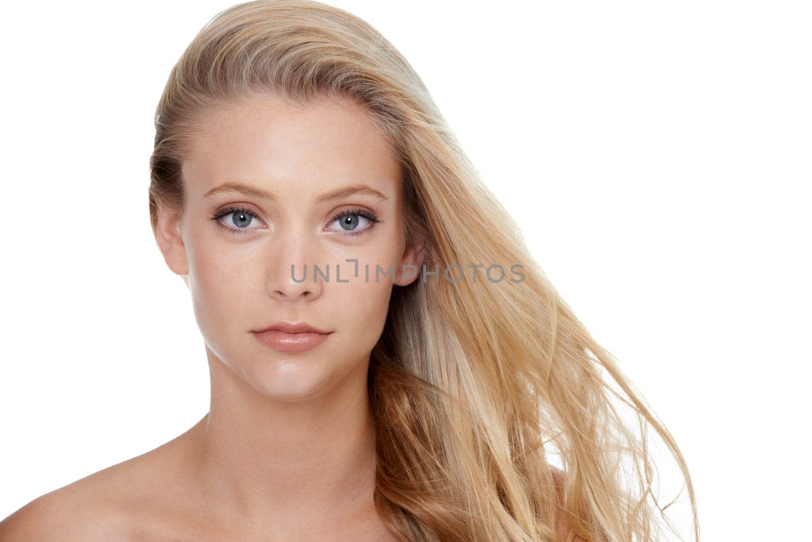 Woman, portrait and beauty with cosmetics in studio for hair care, keratin treatment and shampoo shine. Model, person and mockup space with skincare, collagen texture or hairstyle on white background by YuriArcurs